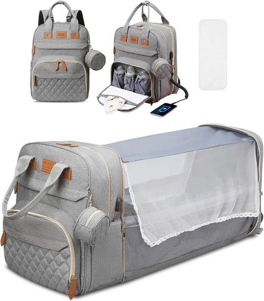 3-in-1 Diaper Bag Backpack with Foldable Baby Bed – Misty Gray (With Net)
