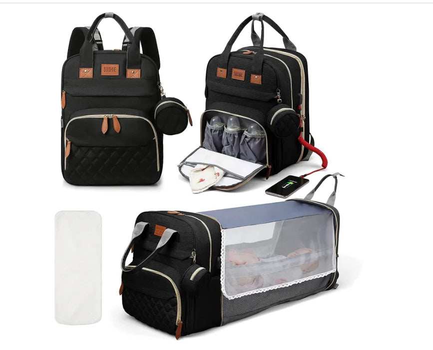 3-in-1 Diaper Bag Backpack with Foldable Baby Bed (With Net)