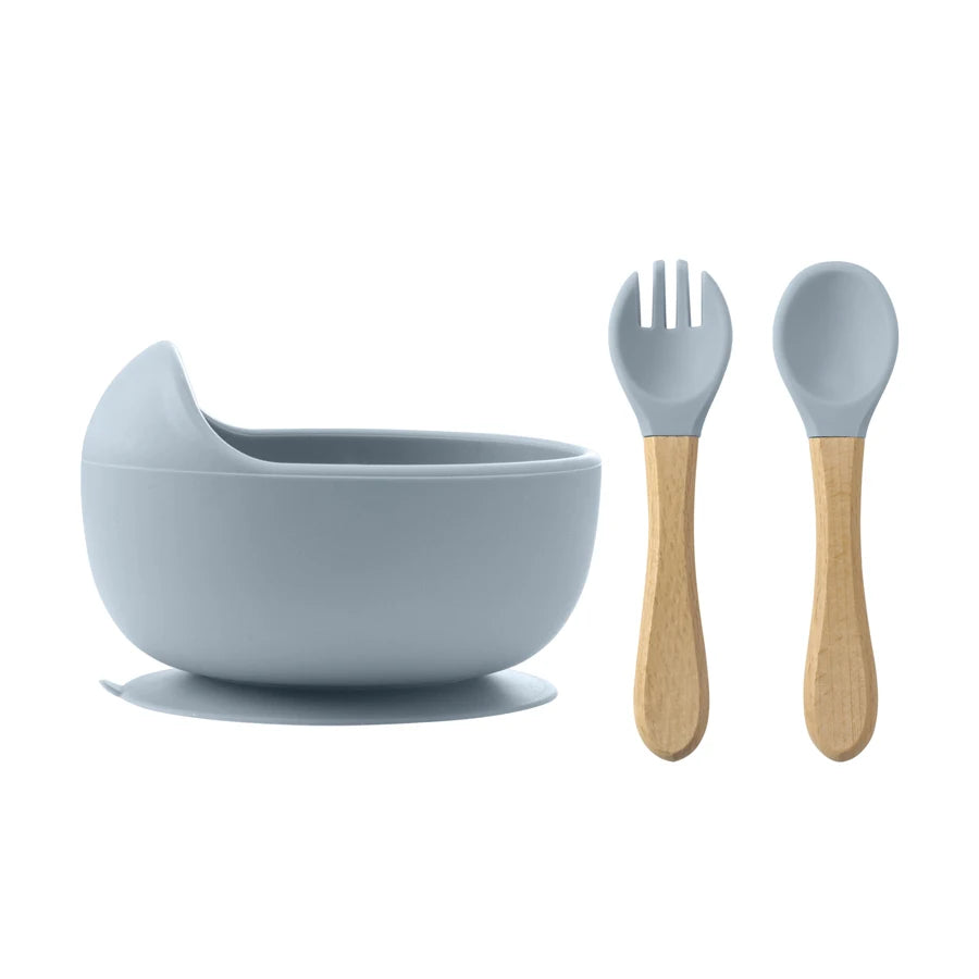 NourishNest™ 3‑Piece Silicone Feeding Set — Suction Bowl, Wood Spoon & Fork for Baby Learning