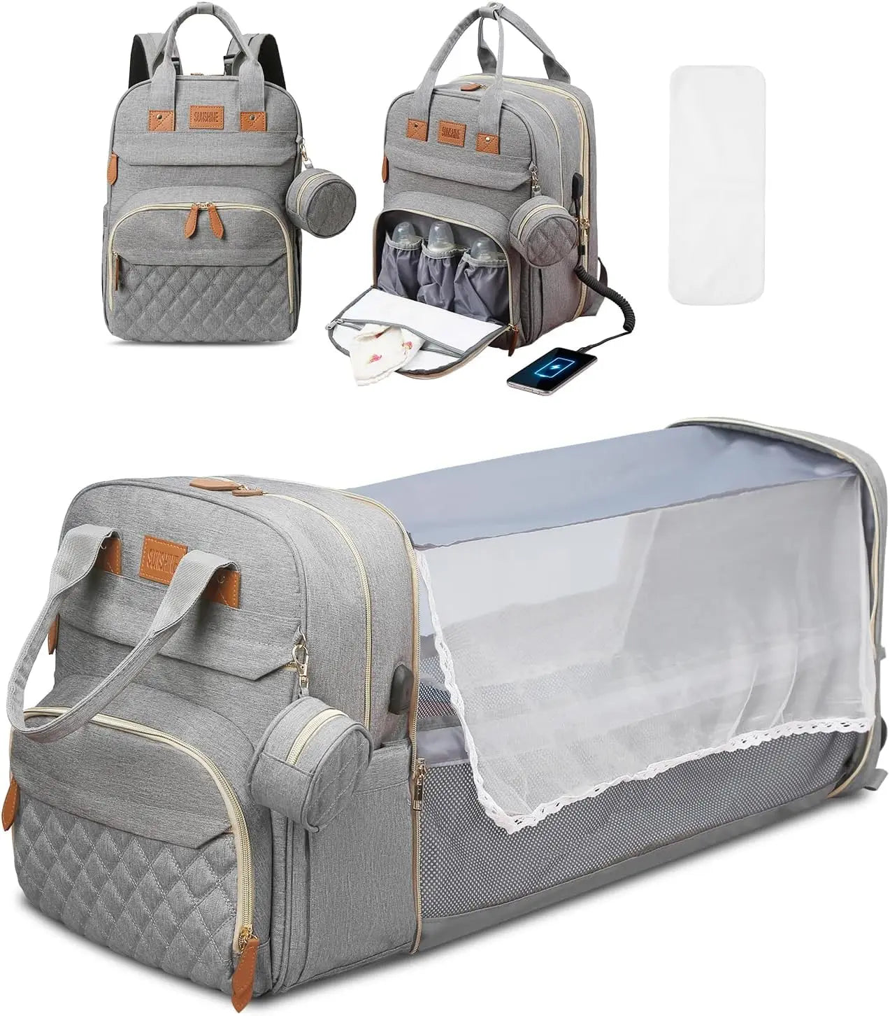 3-in-1 Diaper Bag Backpack with Foldable Baby Bed (With Net)
