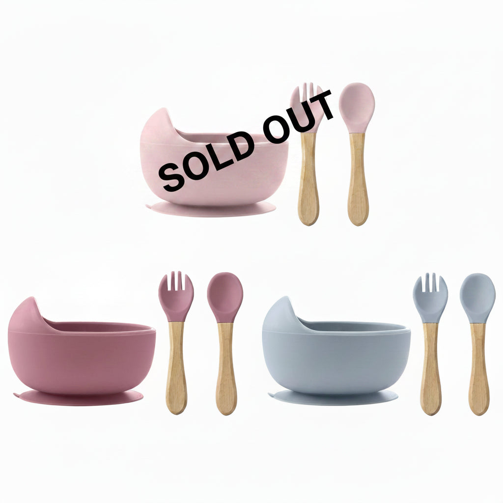 NourishNest™ 3‑Piece Silicone Feeding Set — Suction Bowl, Wood Spoon & Fork for Baby Learning