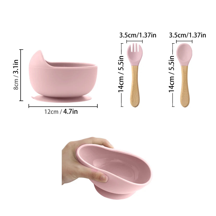 NourishNest™ 3‑Piece Silicone Feeding Set — Suction Bowl, Wood Spoon & Fork for Baby Learning