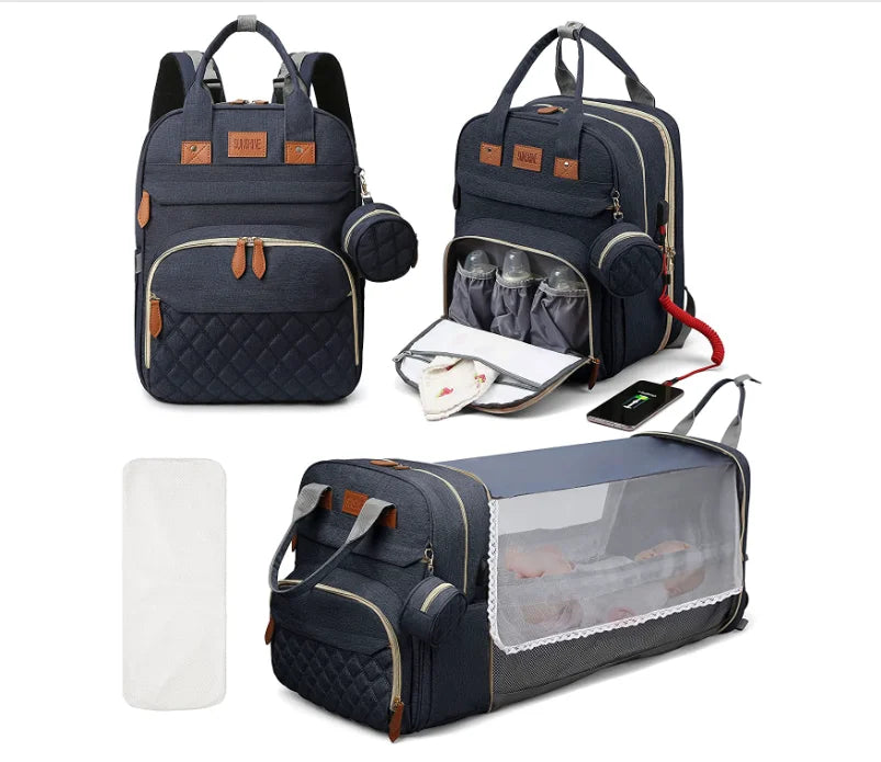 3-in-1 Diaper Bag Backpack with Foldable Baby Bed (With Net)