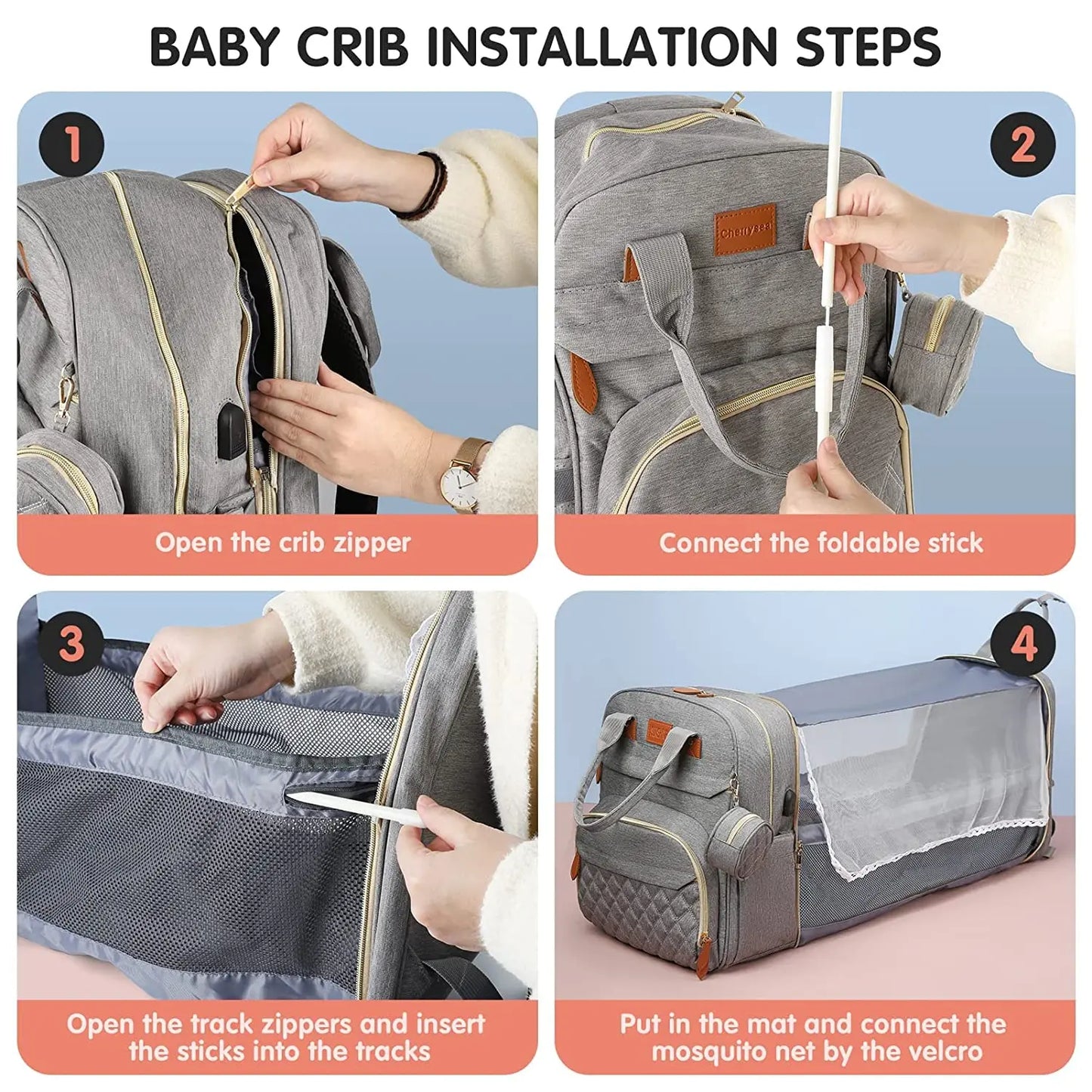 3-in-1 Diaper Bag Backpack with Foldable Baby Bed (With Net)