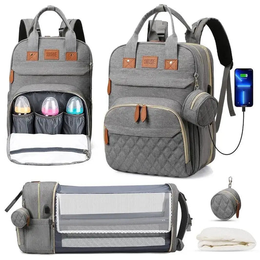 3-in-1 Diaper Bag Backpack with Foldable Baby Bed (With Net)