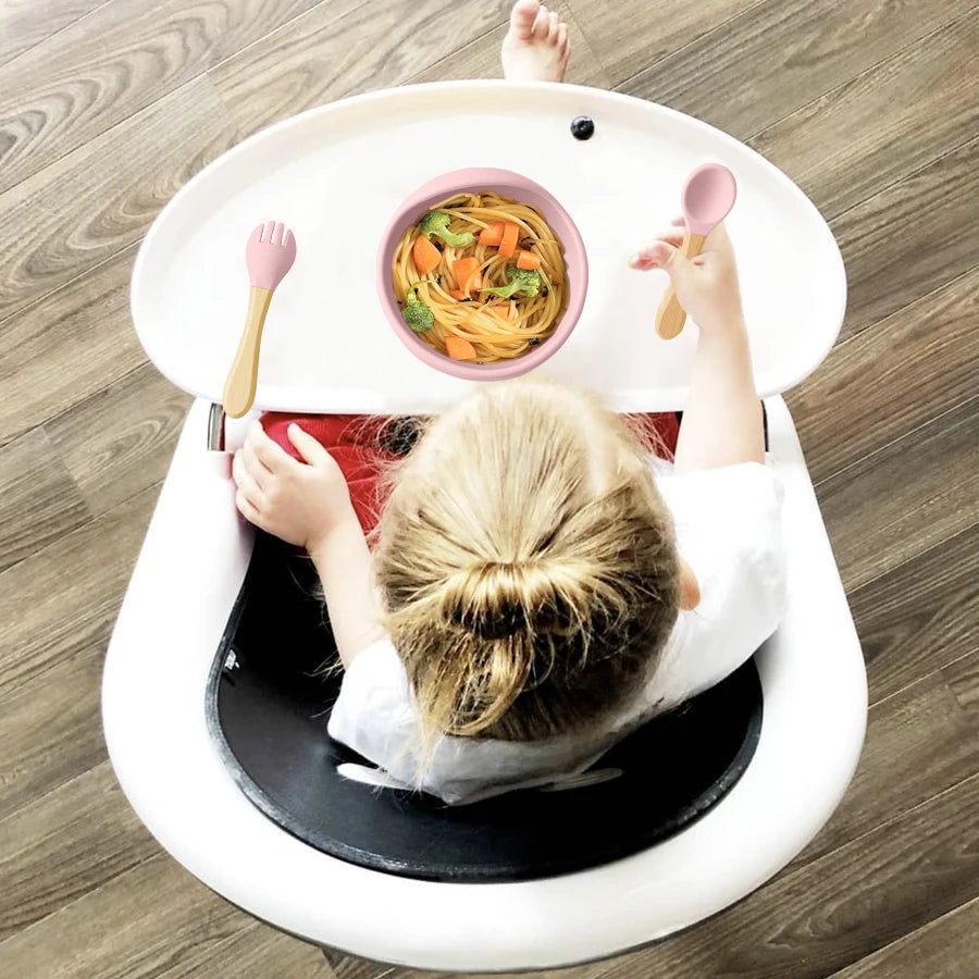 NourishNest™ 3‑Piece Silicone Feeding Set — Suction Bowl, Wood Spoon & Fork for Baby Learning