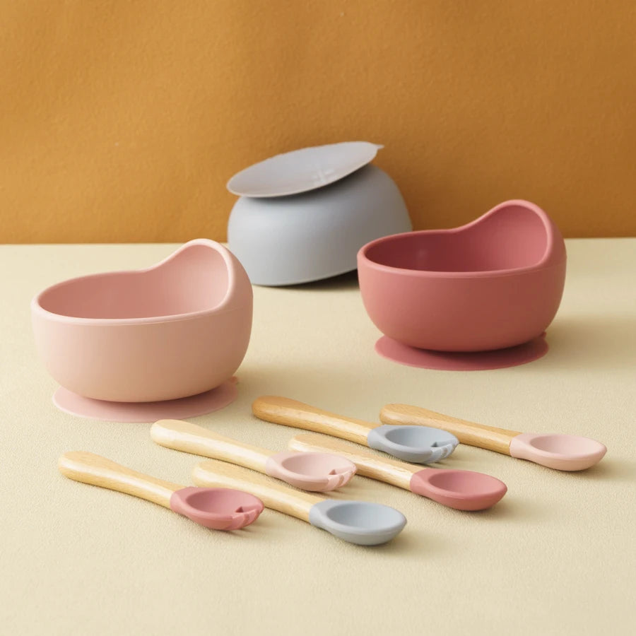 NourishNest™ 3‑Piece Silicone Feeding Set — Suction Bowl, Wood Spoon & Fork for Baby Learning