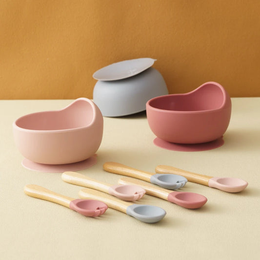 NourishNest™ 3‑Piece Silicone Feeding Set — Suction Bowl, Wood Spoon & Fork for Baby Learning