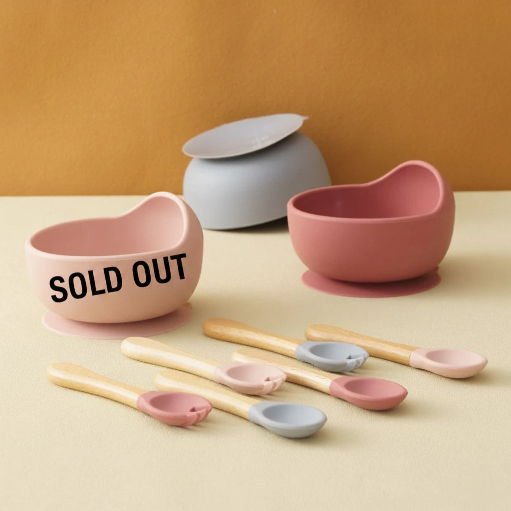 NourishNest™ 3‑Piece Silicone Feeding Set — Suction Bowl, Wood Spoon & Fork for Baby Learning