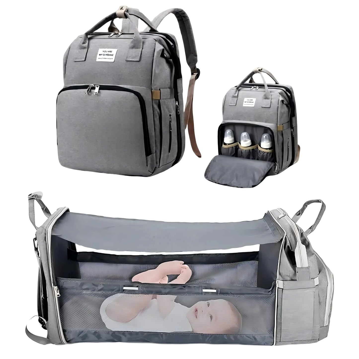 3-in-1 Diaper Bag Backpack with Foldable Baby Bed (With Net)