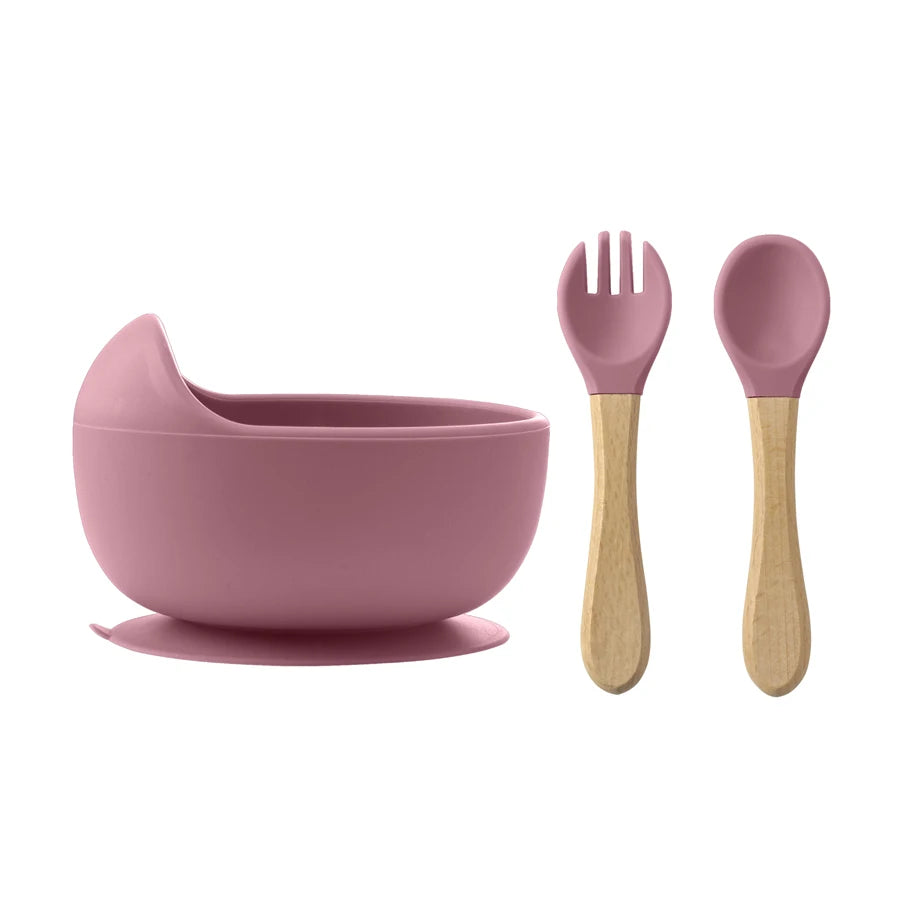 NourishNest™ 3‑Piece Silicone Feeding Set — Suction Bowl, Wood Spoon & Fork for Baby Learning