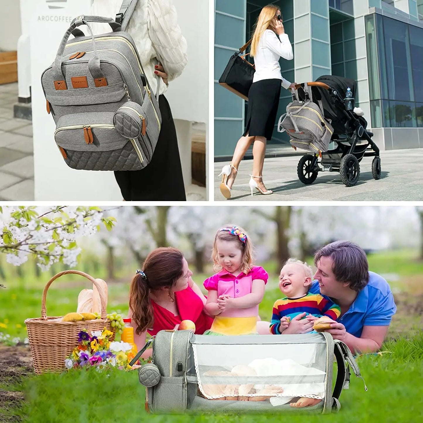 3-in-1 Diaper Bag Backpack with Foldable Baby Bed (With Net)