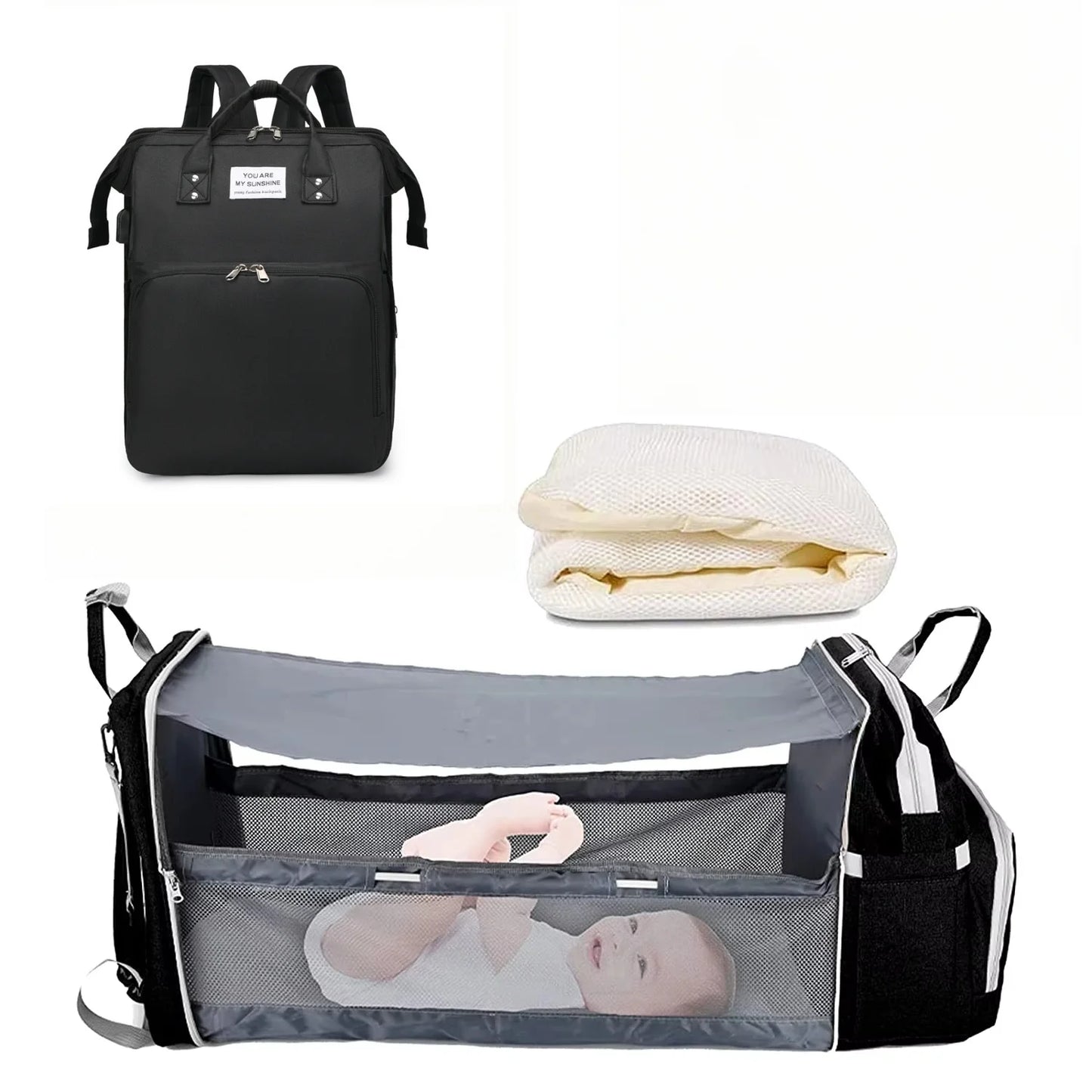 3-in-1 Diaper Bag Backpack with Foldable Baby Bed (With Net)